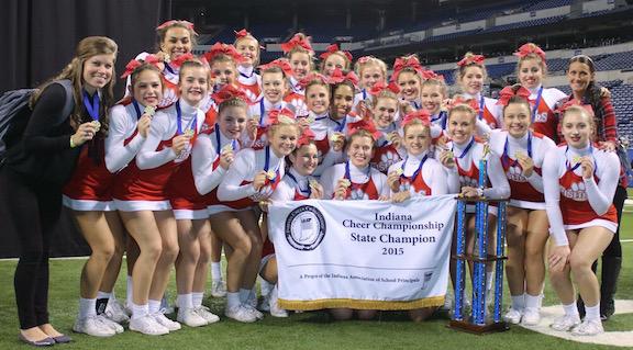 Varsity Cheerleaders after winning state on Oct. 31 at Lucas Oil Stadium. Photo courtesy of Claire Kemp