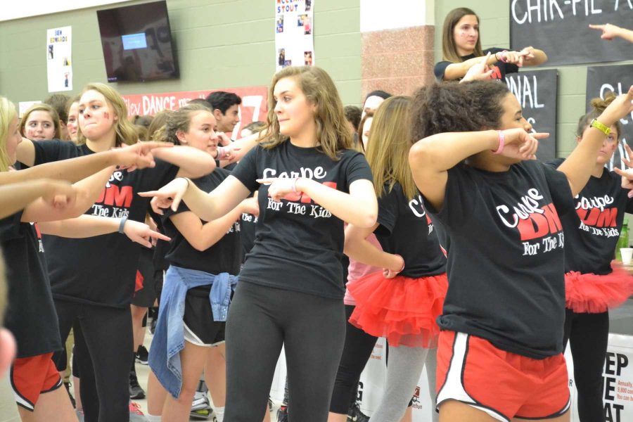 Students dance at last years Riley Dance Marathon in the CCA on Feb. 28, 2016. photo used with permission of FHS TigerTracks yearbook. 