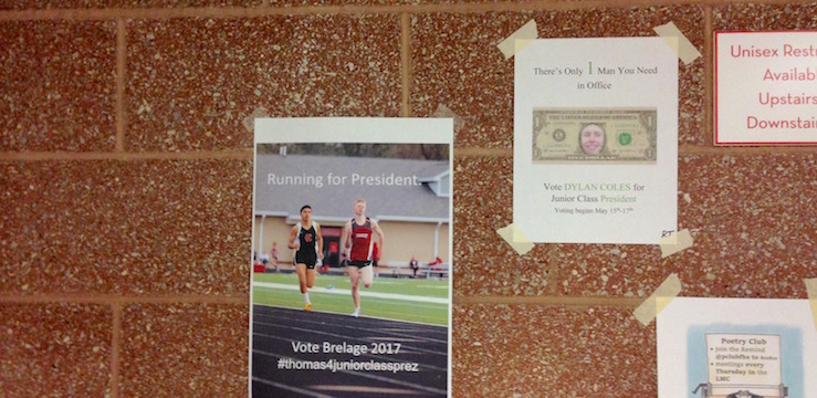 Sophomore+class+president+candidate+Thomas+Brelage+posted+the+walls+with+his+campaign+slogan%2C+Running+for+President%2C+which+references+his+cross+country+career.+May+12.+Photo+by+Helen+Rummel.+