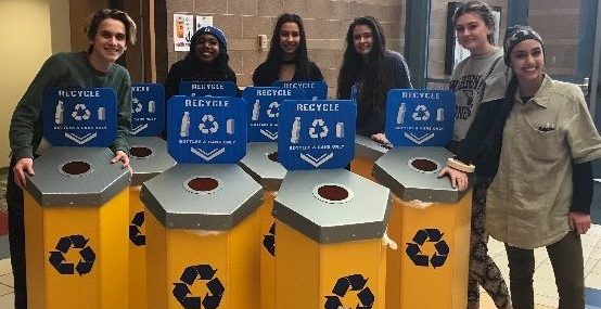 Juniors Ashdan Trexler, Payton Bullock, Rachel Guest, Hilary Johnson, Phoebe Johnson and senior Christina Ling hope to improve recycling at Fishers with new yellow bins. Photo used with permission of Ashdan Trexler.