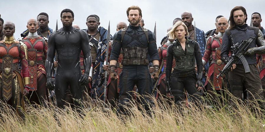 Avengers+Black+Panther+%28Chadwick+Boseman%29%2C+Captain+America+%28Chris+Evans%29%2C+Black+Widow+%28Scarlett+Johansson%29%2C+and+Bucky+%28Sebastian+Stan%29+line+up+to+fight+the+war+against+Thanos.+Photo+used+with+permission+of+MCT+Campus.
