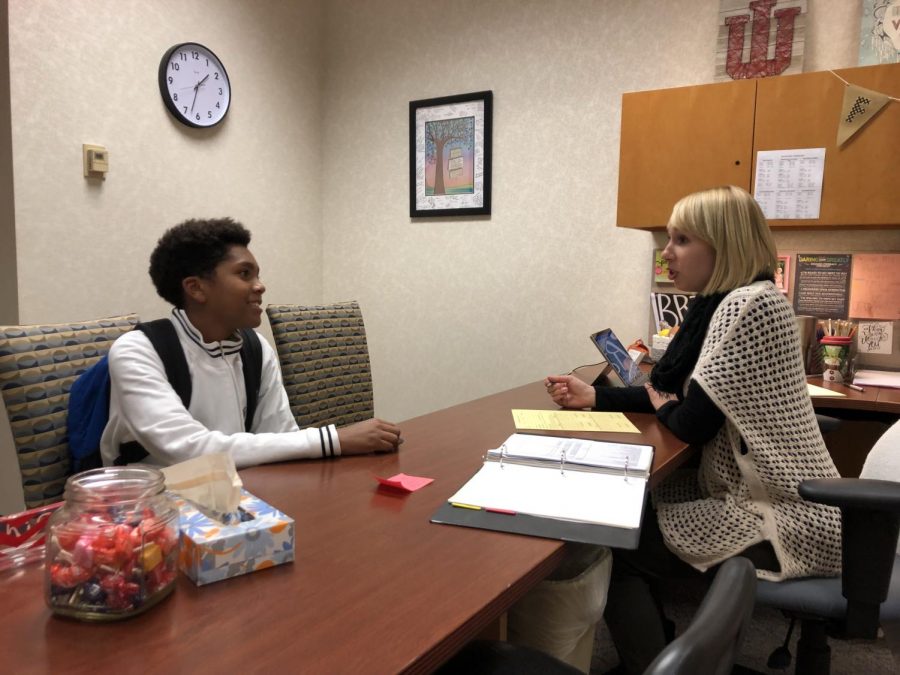 Guidance+counselor+Natalie+Ridings+meets+with+freshmen+Malakai+McGee+to+discuss+the+future+of+his+high+school+career+on+Oct.+24.+She+will+conduct+freshman+meetings+for+the+next+month.+