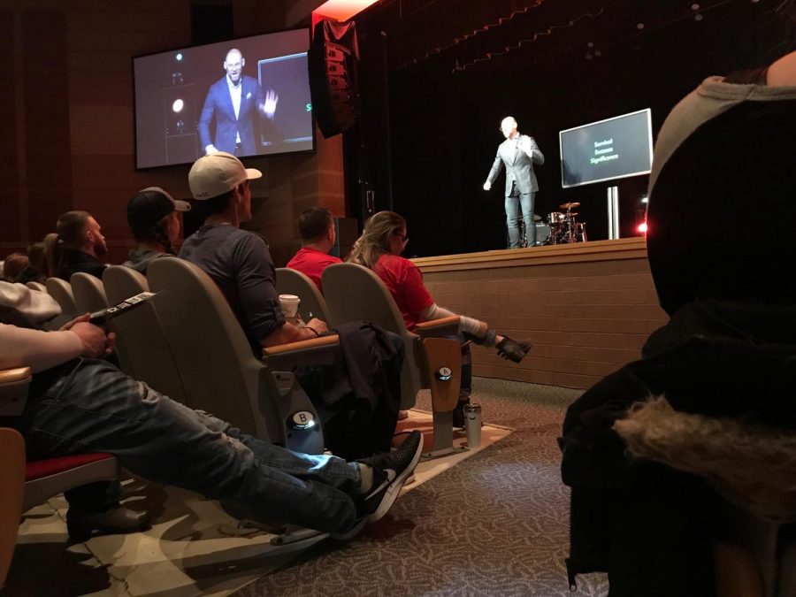 Pastor Dave Sumrall preaches on Jan. 27th in the auditorium of Fishers High School. His sermons are broadcast live amongst all the various campuses that ITOWN has.
