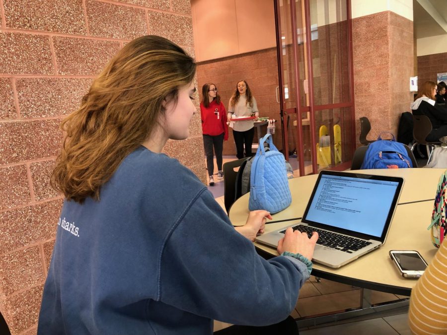 Sophomore Anna Schnefke looks over the student handbook at lunch to see if there are any changes that she would like to suggest. 
