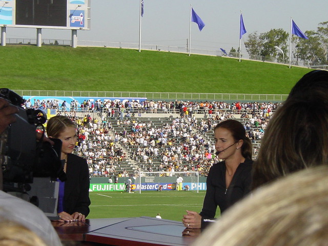 1999 FIFA Womens World Cup Hero Brandi Chastain doing an interview during a 2003 FIFA Womens World Cup Game 