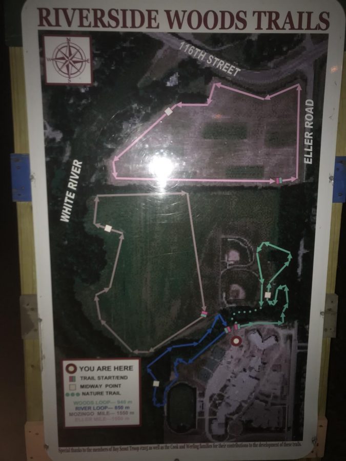 A map of trails running to and from the White River at Riverside Junior High School.
