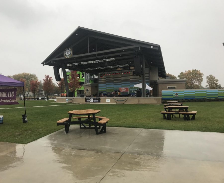 Nickel Plate amphitheater, the center of the market, is vacant due to bad weather on the final day of the farmers market.
