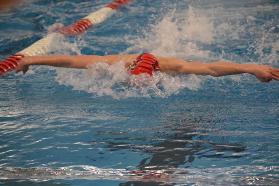 Senior Bruno Kitazuka takes a stroke in the 100 butterfly. He finished fourth in the final.