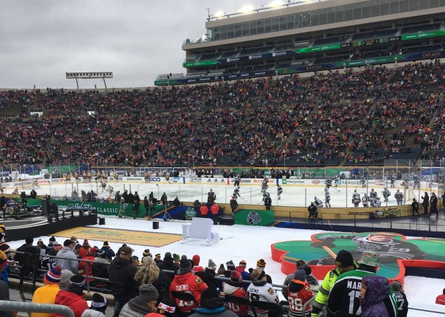 People gather to watch the 2019 Winter Classic on Jan. 1 at Notre Dame Stadium.