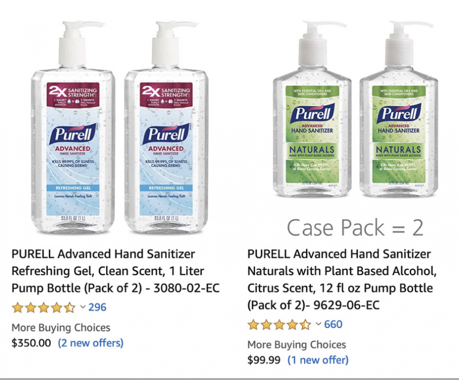 Screenshot of the price of hand sanitizer skyrocketing on Amazon.