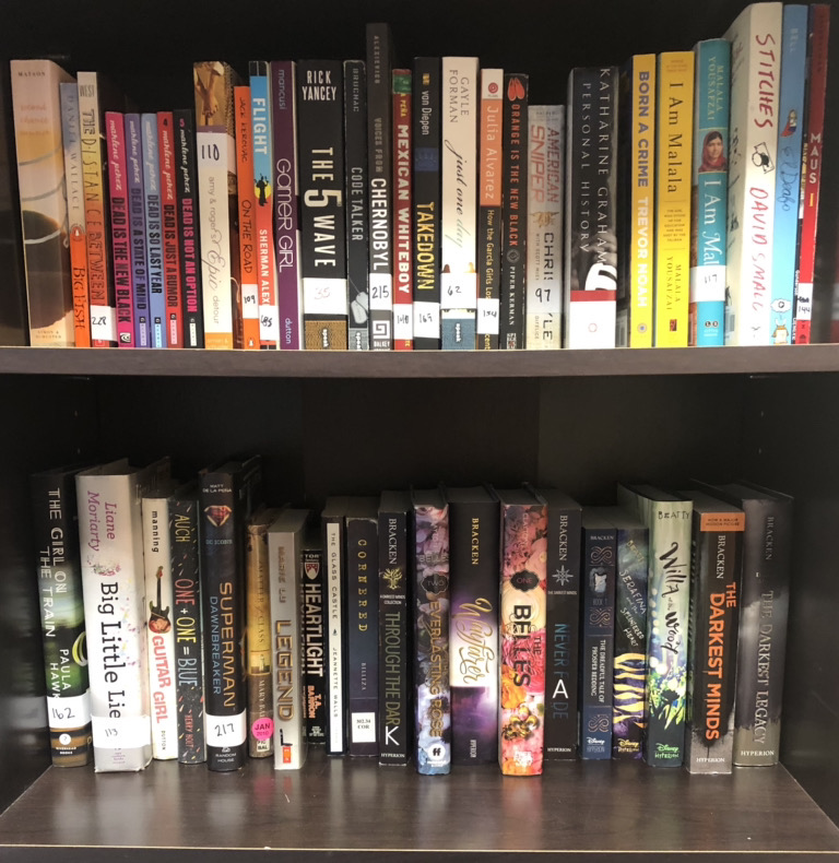 A shelf displays books ranging from classics to young adult novels.