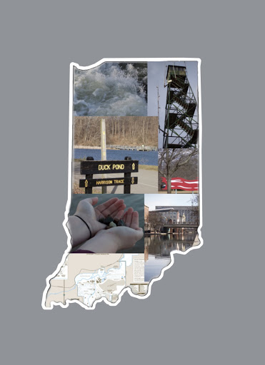 A collage arranged in the shape of Indiana includes pictures from Eagle Creek Park, Brown County State Park, Cataract Falls, the Canal Walk and Fort Harrison State Park, all of which are located in Indiana. 