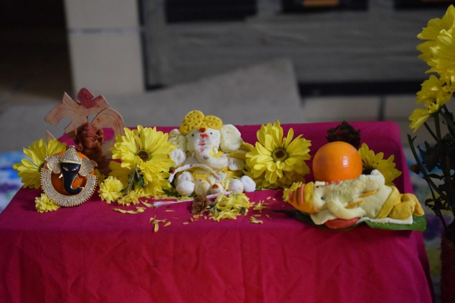 The+idol+of+Lord+Ganesha%2C+along+with+flowers%2C+fruits+and+other+offerings+sit+on+a+table+at+sophomore+Sravani+Katurus+house+on+Sept.+10.+