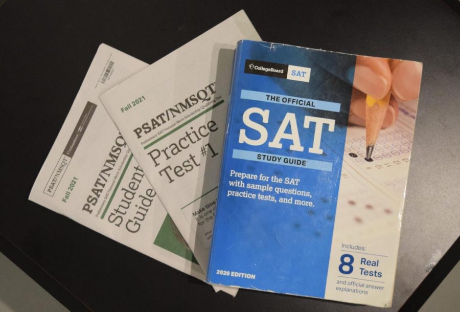 PSAT/NMSQT Study Guide, Practice Test 1, SAT Study Guide (which includes 8 real tests) 2020 version. The Study Guide is also available at the Hamilton East Public Library to check out. 
