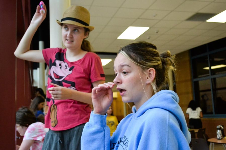Senior Alyssa Desmet directs senior Lily Touhey on the art for the Bring Change to Mind window. The window decorating event took place Sept. 11.