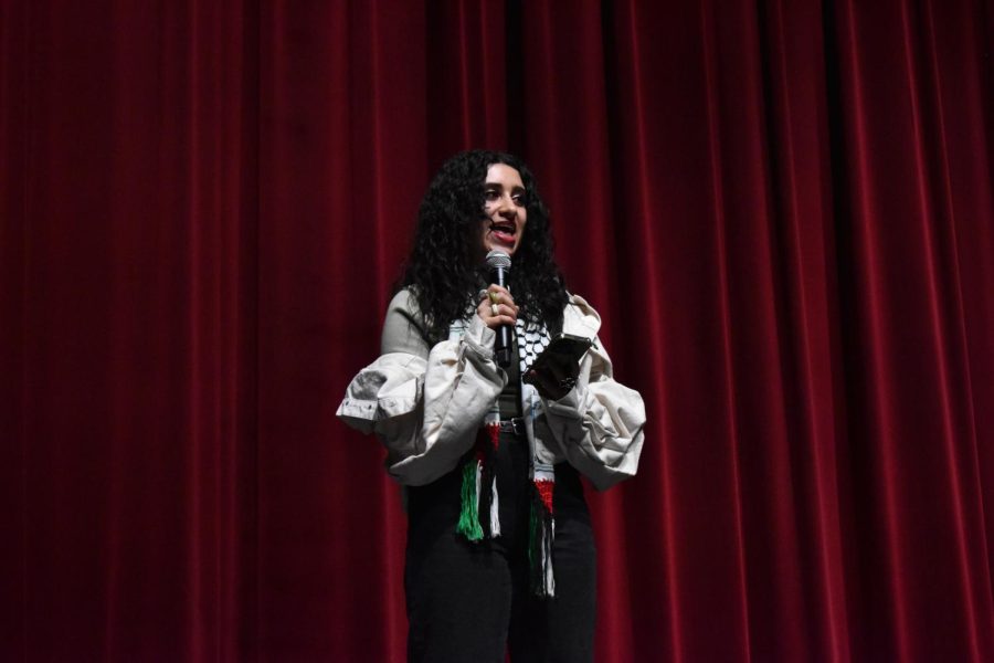 Junior Malak Samara performs a speech entitled ‘Free Palestine’ at the International Fair. Samara’s speech described her personal experience with the Palestine-Israeli conflict, as well as her Palestinian pride. The International Fair took place on Feb. 24 at Fishers.