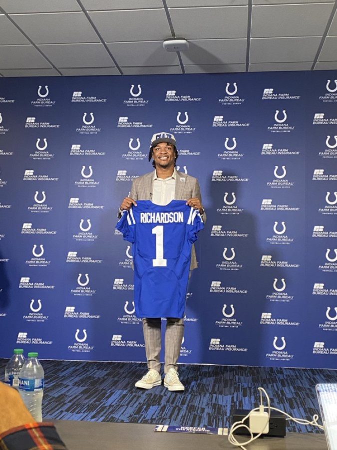 Colts+2023+draftee+Anthony+Richardson+at+his+introductory+press-conference.+