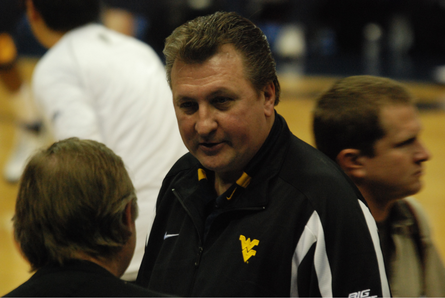 West Virginia head coach Bob Huggins talking to an official during a 2008 game.