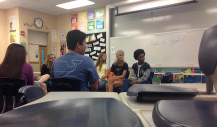 The Student Leadership team listens to Señora Gutting Aug, 31 as they begin their first planning meeting of the school year. Photo by Helen Rummel.