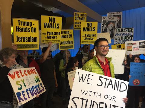 Protestors against the travel ban gather at the Tom Bradley International Terminal at LAX in Los Angeles on Saturday, Feb. 4, 2017. Photo used with permission of Tribune New Services.