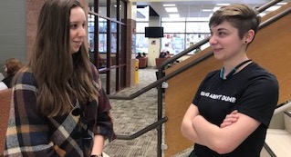 Juniors Whitney Roberts and Cinder Foulke discuss their future projects following the success of their Project Pigasus script on March 6.  Picture by Sydney Greenwood.