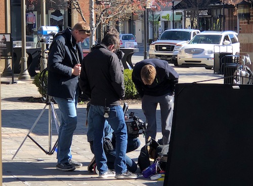 Film production club members freshman Patrick Nusbam, senior Carter Hoffman and sophomore Ben Johnson learn how to work a professional camera on the set of Project Pigasus on April 29. Photo used with permission of Ben Schwartz. 