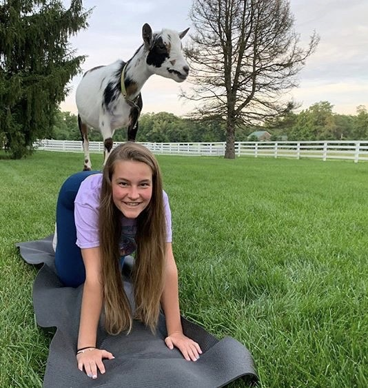 Sophomore Erin Kemp does a yoga pose with a goat while attending a class at Happy Goat Lucky in Noblesville.