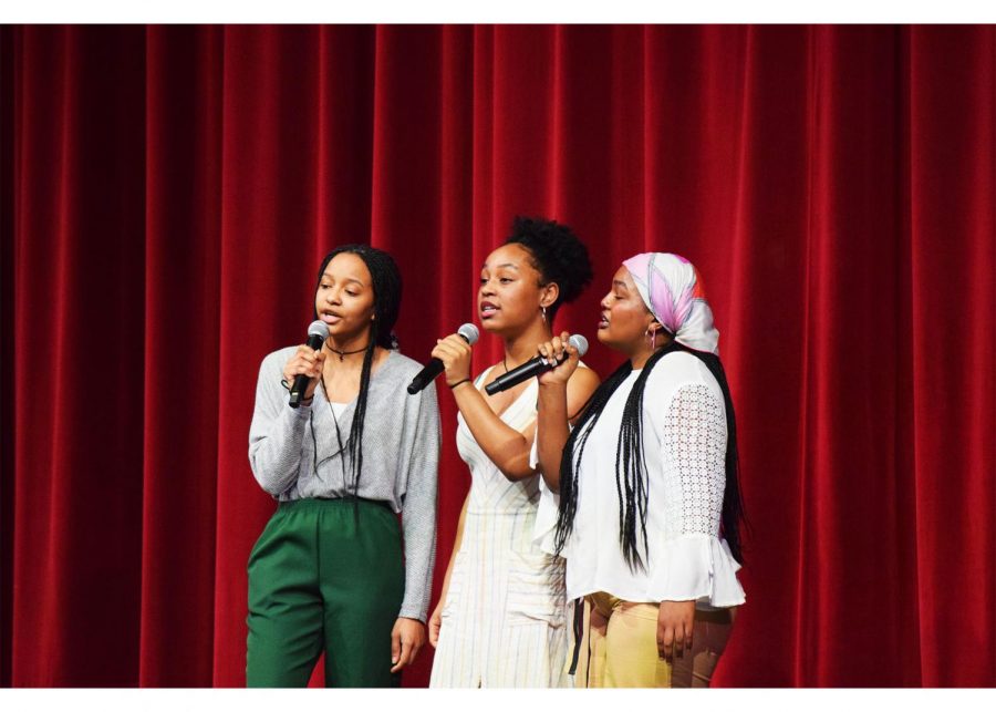 Pictured above from left to right: junior Morgan Joiner junior Kayla Wilkerson and sophomore Niah Cantrell sings The Black National Anthem, Lift Every Voice and Sing. The anthem is to honor and represent the black community. 