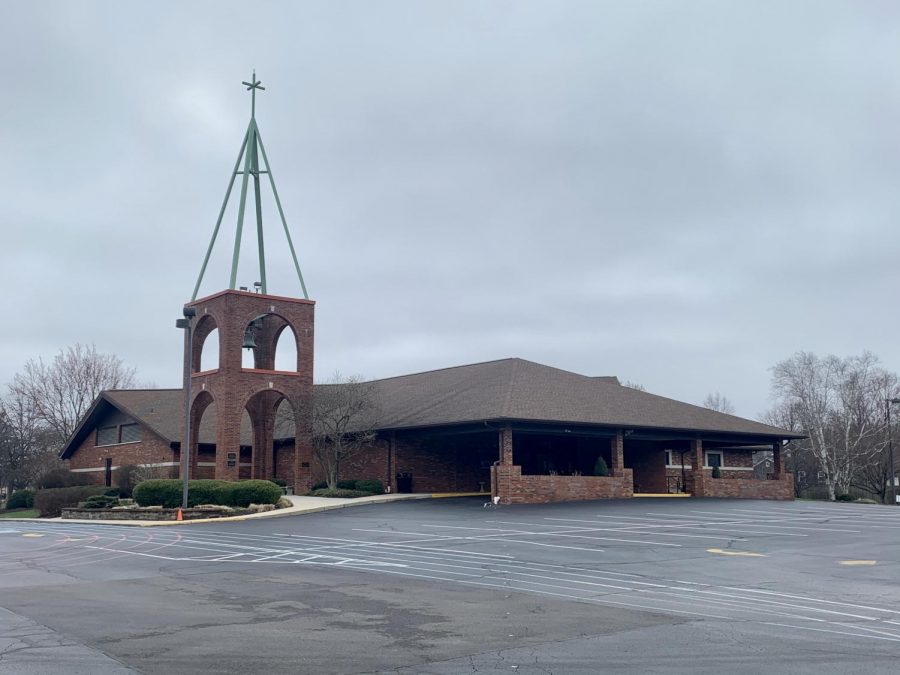 Churches such as St. Louis de Montfort Catholic Church have barren parking lots because of service cancelations in response to COVID-19. 
