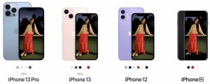 iPhone line-up featuring new iPhone 13 and colors against other models. 