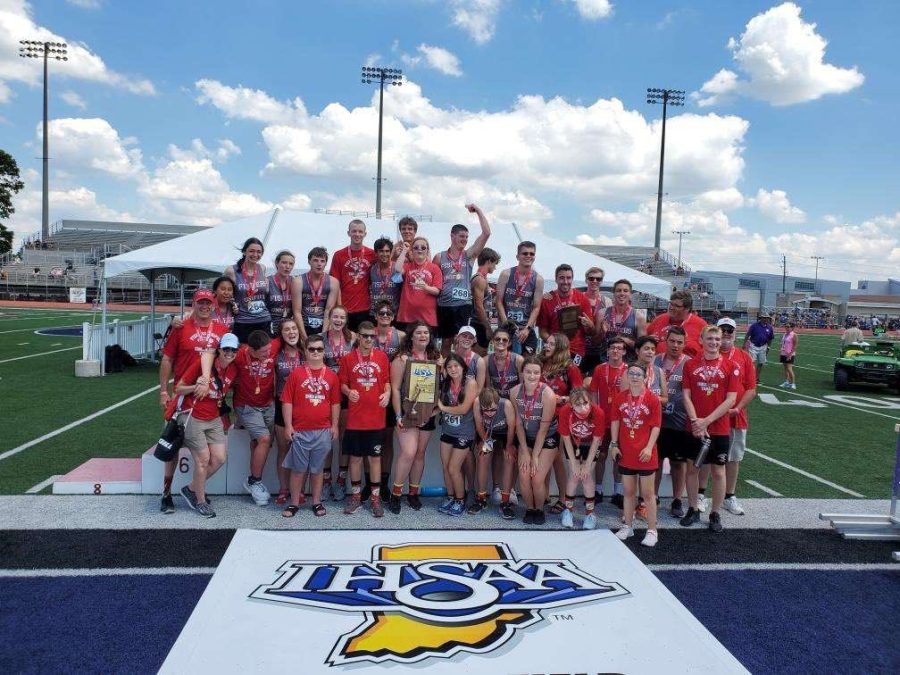 The+FHS+unified+track+team+celebrates+their+2021+IHSAA+state+runner+up+placement.