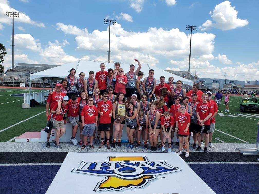 The FHS unified track team celebrates their 2021 IHSAA state runner up placement.
