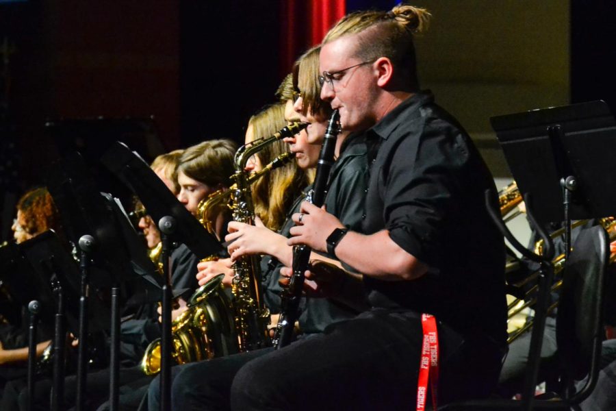 Senior Braedon Matthews and others play with the Intermediate Jazz band. The fall jazz concert took place on Oct. 10, 2022 at Fishers High School.