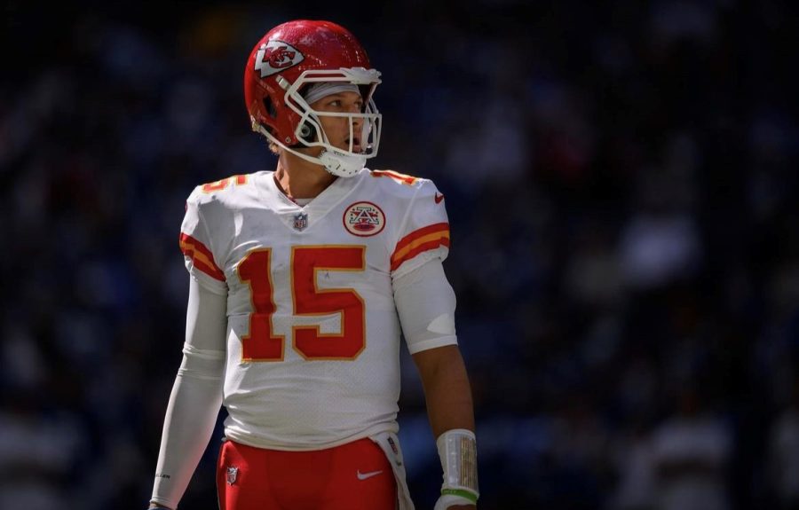 Chiefs+quarterback+Patrick+Mahomes+looks+up+at+the+Lucas+Oil+Stadium+scoreboard+amidst+a+20-17+loss+vs.+the+Colts+on+Sept.+25%2C+2022.