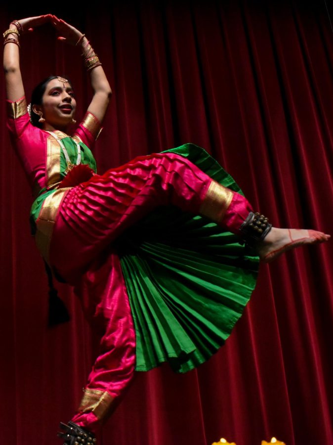 Junior Veda Thangudu performs an Indian classical dance, Kuchipudi, to the song ‘Bharata Vedamuga’. The International Fair took place on Feb. 24 at Fishers. 