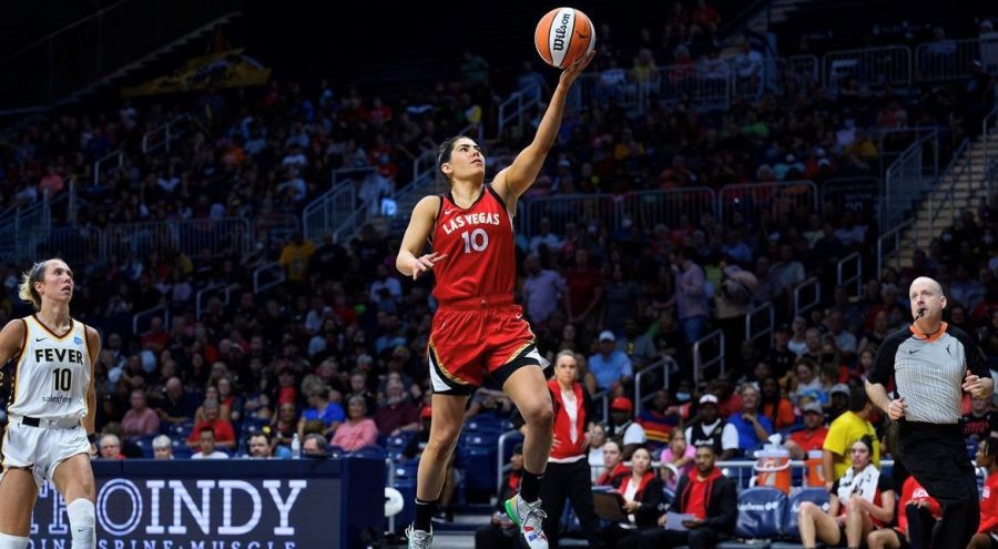 Aces guard Kelsey Plum scores a fast break lay-up in a 93-72 rout of the Fever at Hinkle Fieldhouse on July 29, 2022.