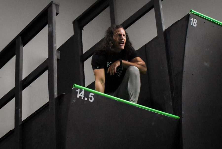 Gil instructs clinic attendees and staff alike from the 14.5 foot ledge, which he had just ran up, at the Pro Ninja Clinic. The Pro Ninja Clinic took place on Feb. 25 at Ultimate Ninjas Indianapolis.