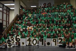 Students attending Riley Dance Marathon on March 17 hold up signs displaying $86,409.92 was donated this year to the organization. Many students, donors and sponsors allowed the club to surpass 2022’s amount raised of $80,180.63.