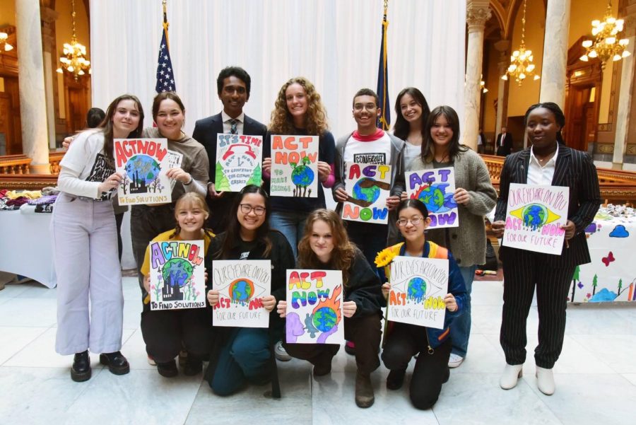 Youth climate activist group Confront the Climate Crisis members on Feb. 1, at the “Act now” rally, showing their support towards the bill. Chenyao Liu sits far right.