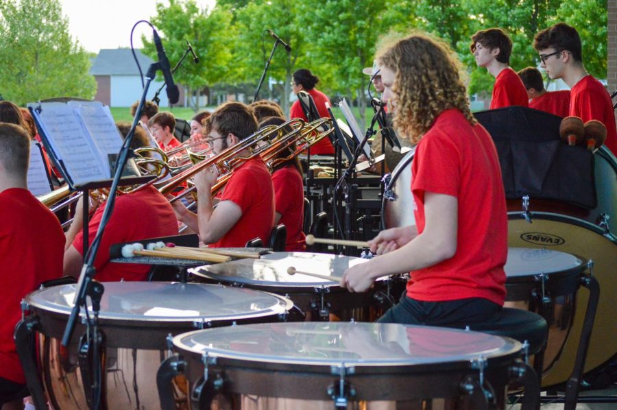 Wind Ensemble percussionist, sophomore Kaleb Bradford, play the Timpani for the piece “Sailing with Whales.” The spring band concert took place on Wednesday, May 18 at Nickleplate Amphitheater.