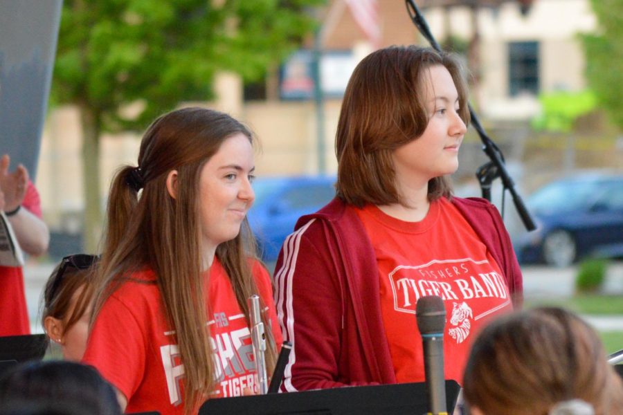 Senior Katy Delaney and junior Mia Noel being recognized for their solos in the piece “Sailing with Whales.” The spring band concert took place on Wednesday, May 18 at Nickleplate Amphitheater.