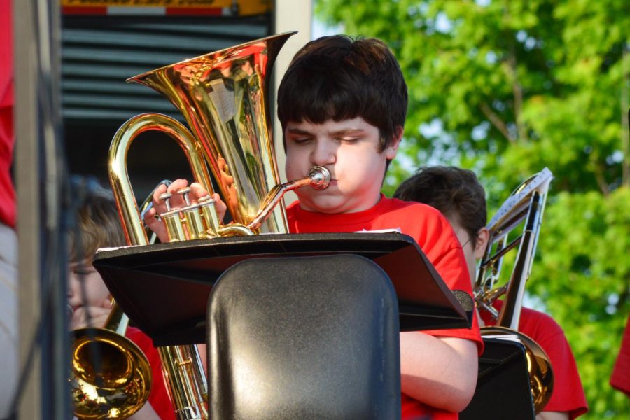 Concert Band member, freshman Ri Burns plays the euphonium during “Blinding Lights.” The spring band concert took place on Wednesday, May 18 at Nickleplate Amphitheater.