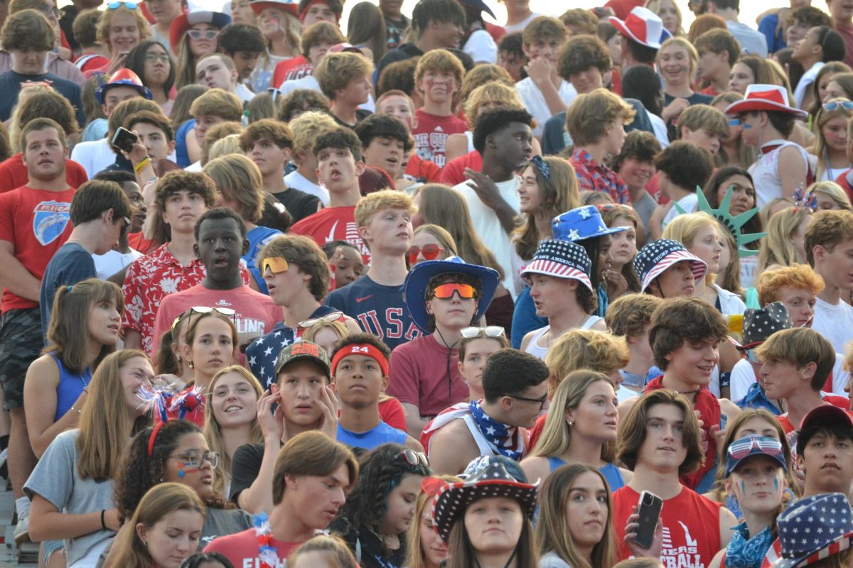 The student section was decked out in USA themed clothes at the conference game on August 18th, in order to follow our spirit themes made by the 2023 Tiger Cage.