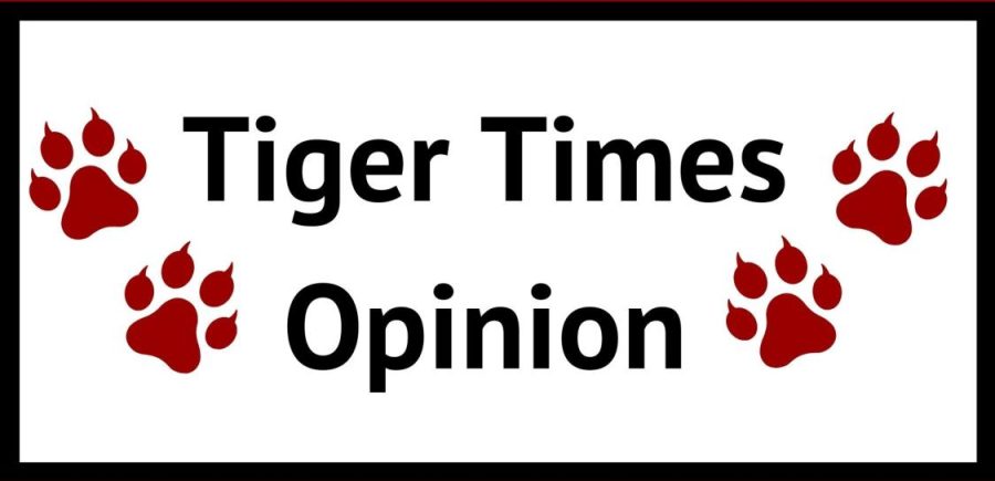 Graphic denoting Tiger Times Opinion article. Includes four pawprints.