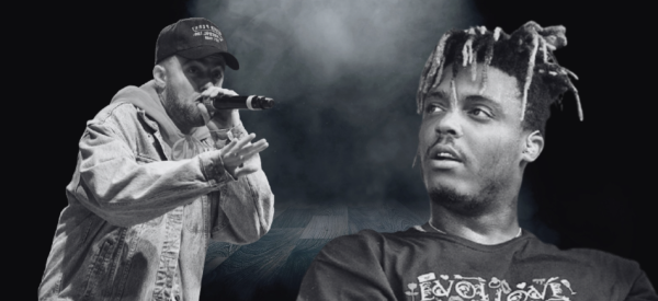 A design showing the deceased music artists Mac Miller and Jarad Higgins, otherwise know as Juice WRLD. Both Miller and Higgins have had an album released posthumous.