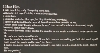 A short, student-made poem titled "I Hate Him. Photo courtesy of Shae Pullen.