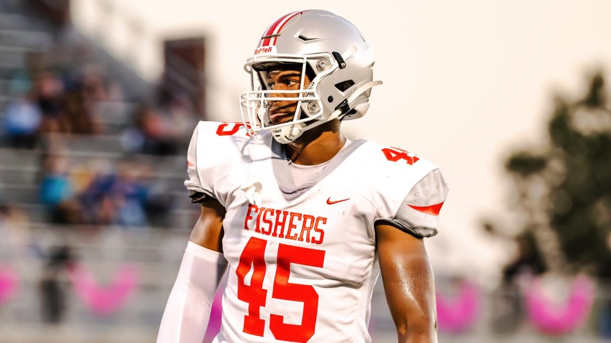 Senior Jev Hutton focuses before the play in a football game against Franklin Central on Oct 4. Fishers lost 22-13. 