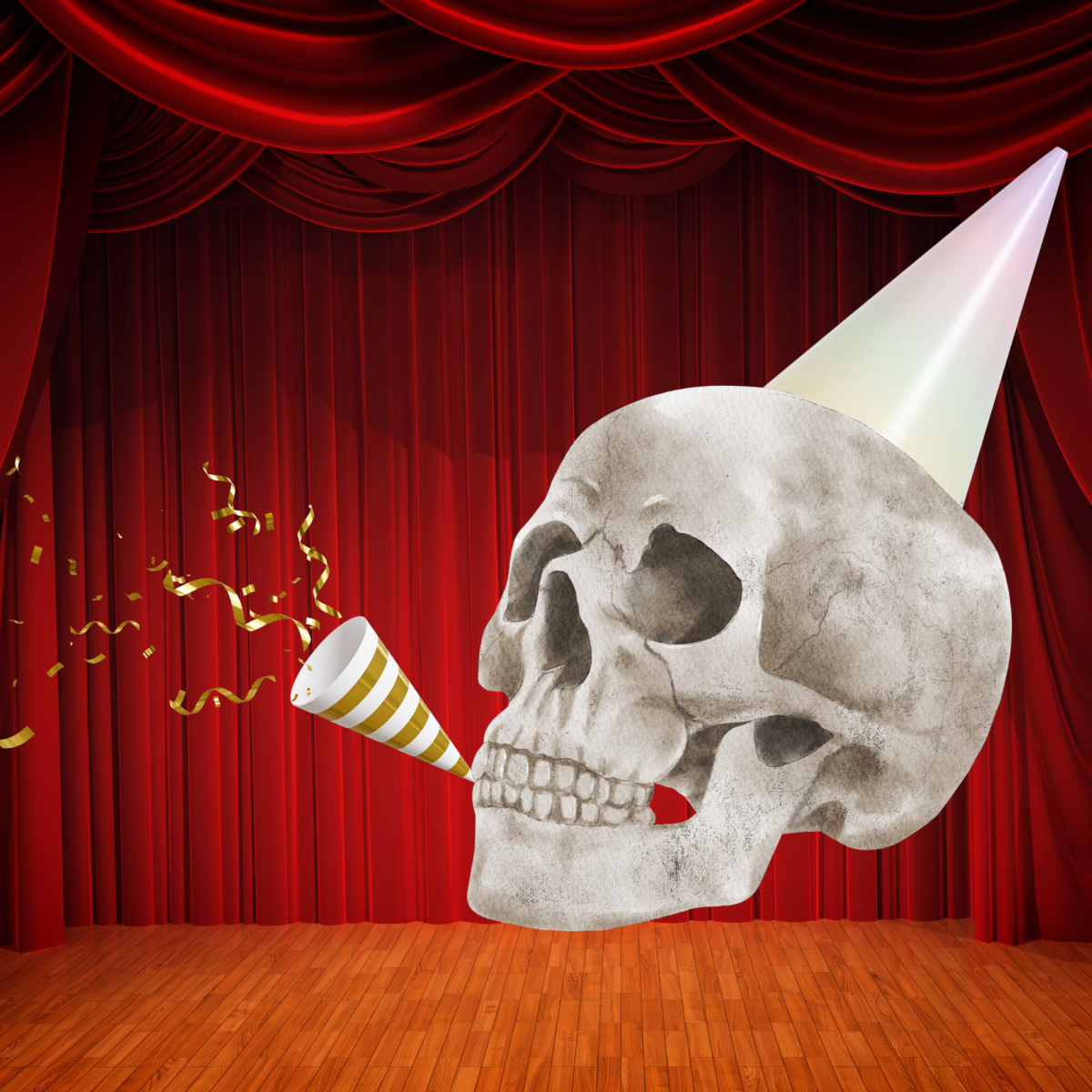 A graphic showing a skull with a party hat and a party horn in celebration of Shakespeare's 461st birthday