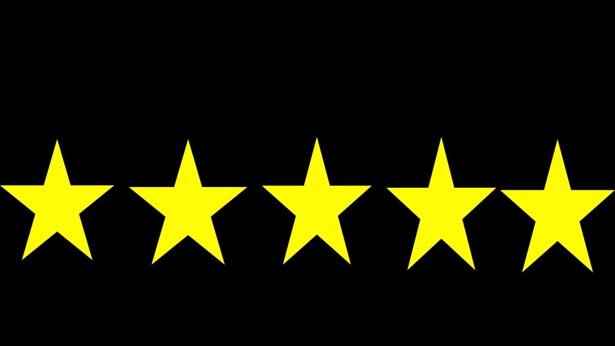 A graphic showing five stars for a review of the "Thunderbolts*" film.