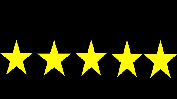 A graphic showing five stars for a review of the "Thunderbolts*" film.